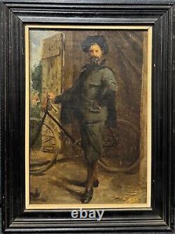 French School c. 1890 Portrait of Artist on Bicycle Old Bicycle Painting