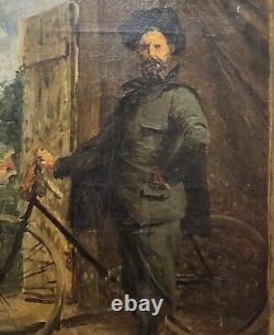 French School c. 1890 Portrait of Artist on Bicycle Old Bicycle Painting
