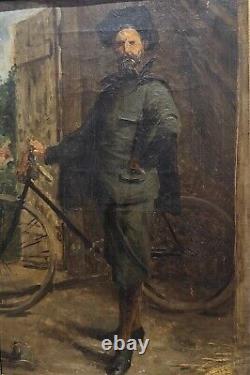 French School c. 1890 Portrait of Artist on Bicycle Old Bicycle Painting