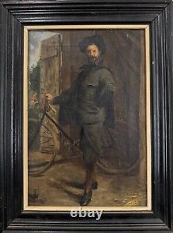 French School c. 1890 Portrait of Artist on Bicycle Old Bicycle Painting