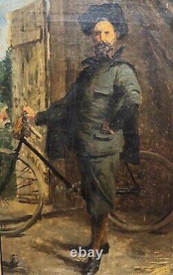 French School c. 1890 Portrait of Artist on Bicycle Old Bicycle Painting