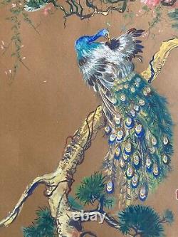 Gouache Painting on Cardboard: Peacock Birds Animal Tree Drawing Ancient Art 1920