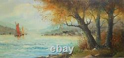 Grand Old Oil Painting On Canvas Seaside Landscape with Boats and Sailboats