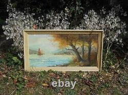 Grand Old Oil Painting On Canvas Seaside Landscape with Boats and Sailboats