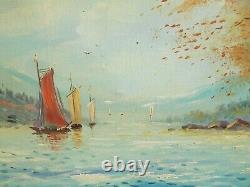 Grand Old Oil Painting On Canvas Seaside Landscape with Boats and Sailboats