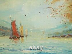 Grand Painting Ancient Oil On Canvas Marine Landscape Seaside Sailing Boats