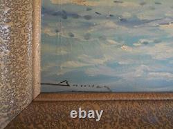 Grand Painting Ancient Oil On Canvas Marine Landscape Seaside Sailing Boats