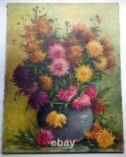 Grand Painting Old Bouquet Of Flowers With Dahlias Oil On Canvas Signed C. 1950