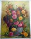 Grand Painting Old Bouquet Of Flowers With Dahlias Oil On Canvas Signed C. 1950