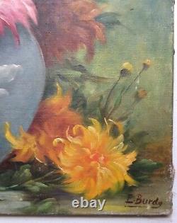 Grand Painting Old Bouquet Of Flowers With Dahlias Oil On Canvas Signed C. 1950