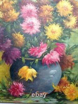 Grand Painting Old Bouquet Of Flowers With Dahlias Oil On Canvas Signed C. 1950