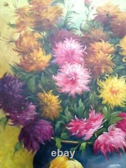 Grand Painting Old Bouquet Of Flowers With Dahlias Oil On Canvas Signed C. 1950