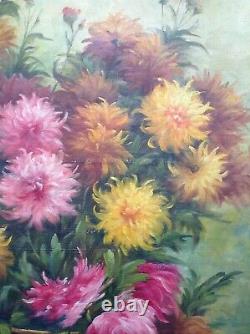 Grand Painting Old Bouquet Of Flowers With Dahlias Oil On Canvas Signed C. 1950