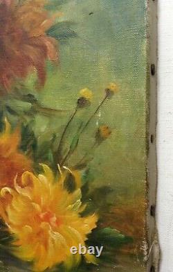 Grand Painting Old Bouquet Of Flowers With Dahlias Oil On Canvas Signed C. 1950