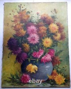 Grand Painting Old Bouquet Of Flowers With Dahlias Oil On Canvas Signed C. 1950