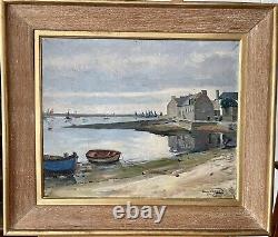 Grand Painting Old Oil On Canvas Port Breton Signed Daniel De Paris 1954