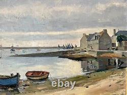 Grand Painting Old Oil On Canvas Port Breton Signed Daniel De Paris 1954