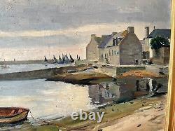 Grand Painting Old Oil On Canvas Port Breton Signed Daniel De Paris 1954