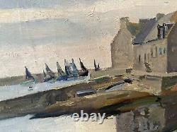 Grand Painting Old Oil On Canvas Port Breton Signed Daniel De Paris 1954