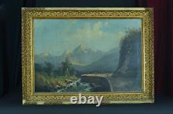 Grand Tableau Ancienne Alfred Godchaux Animated Landscape Pyrenees Riverfront 19th