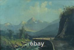 Grand Tableau Ancienne Alfred Godchaux Animated Landscape Pyrenees Riverfront 19th