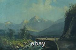 Grand Tableau Ancienne Alfred Godchaux Animated Landscape Pyrenees Riverfront 19th