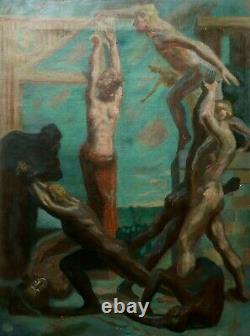 Great Ancient Symbolism Painting, Oil On Canvas, Combat Scene, Xxth School