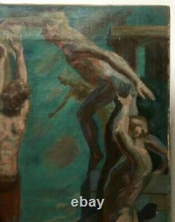 Great Ancient Symbolism Painting, Oil On Canvas, Combat Scene, Xxth School