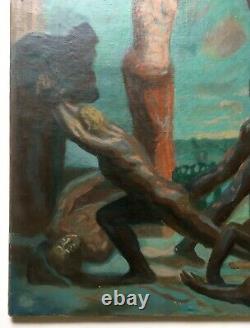 Great Ancient Symbolism Painting, Oil On Canvas, Combat Scene, Xxth School