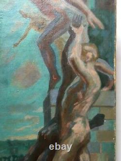 Great Ancient Symbolism Painting, Oil On Canvas, Combat Scene, Xxth School