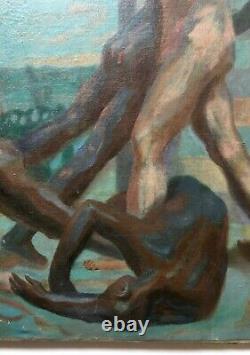 Great Ancient Symbolism Painting, Oil On Canvas, Combat Scene, Xxth School