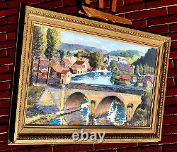 Great Old Painting Signed Landscape Riverside. Oil Painting On Canvas