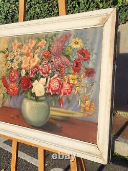 Great Old Tableau. Bouquet Of Flowers. Oil Painting On Wood Panel