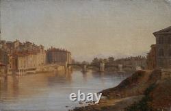 Grenoble, old wooden bridge c. 1834, mountain, Alps. Alexandre DEBELLE (1805-1897)