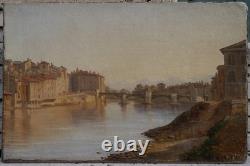 Grenoble, old wooden bridge c. 1834, mountain, Alps. Alexandre DEBELLE (1805-1897)