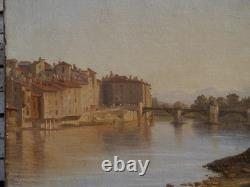 Grenoble, old wooden bridge c. 1834, mountain, Alps. Alexandre DEBELLE (1805-1897)