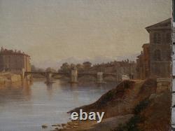 Grenoble, old wooden bridge c. 1834, mountain, Alps. Alexandre DEBELLE (1805-1897)