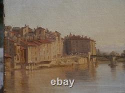 Grenoble, old wooden bridge c. 1834, mountain, Alps. Alexandre DEBELLE (1805-1897)