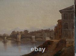 Grenoble, old wooden bridge c. 1834, mountain, Alps. Alexandre DEBELLE (1805-1897)