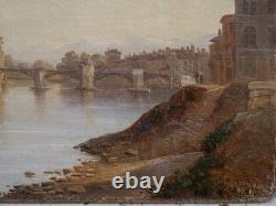 Grenoble, old wooden bridge c. 1834, mountain, Alps. Alexandre DEBELLE (1805-1897)