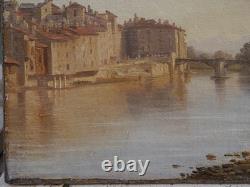 Grenoble, old wooden bridge c. 1834, mountain, Alps. Alexandre DEBELLE (1805-1897)