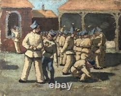 Group of Soldiers, Sketch, Oil on Canvas, Painting, Antique Tableau, 20th Century