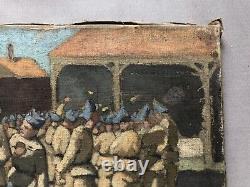 Group of Soldiers, Sketch, Oil on Canvas, Painting, Antique Tableau, 20th Century