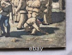 Group of Soldiers, Sketch, Oil on Canvas, Painting, Antique Tableau, 20th Century