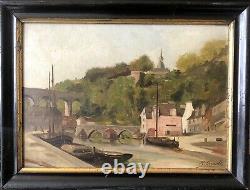 H Gérault Ancient Painting View Of The Port Of Dinan Marine Oil On Carton Brittany