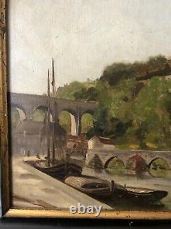H Gérault Ancient Painting View Of The Port Of Dinan Marine Oil On Carton Brittany