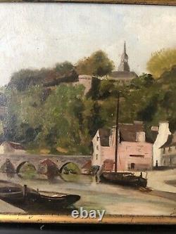 H Gérault Ancient Painting View Of The Port Of Dinan Marine Oil On Carton Brittany