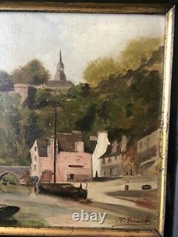 H Gérault Ancient Painting View Of The Port Of Dinan Marine Oil On Carton Brittany