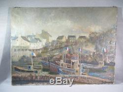 H. Kervella Old Oil Painting On Canvas Marine Port Bretagne Boats Fishing