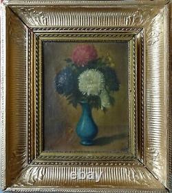 Impressionist Painting Old Oil On Canvas Flowers Vase XIX Century